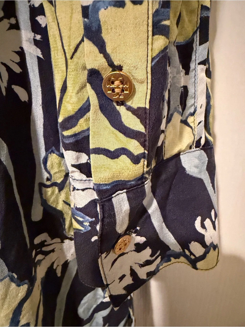 Tory Burch Navy Floral Pintuck Long Sleeve Tunic Dress with Yellow Accents